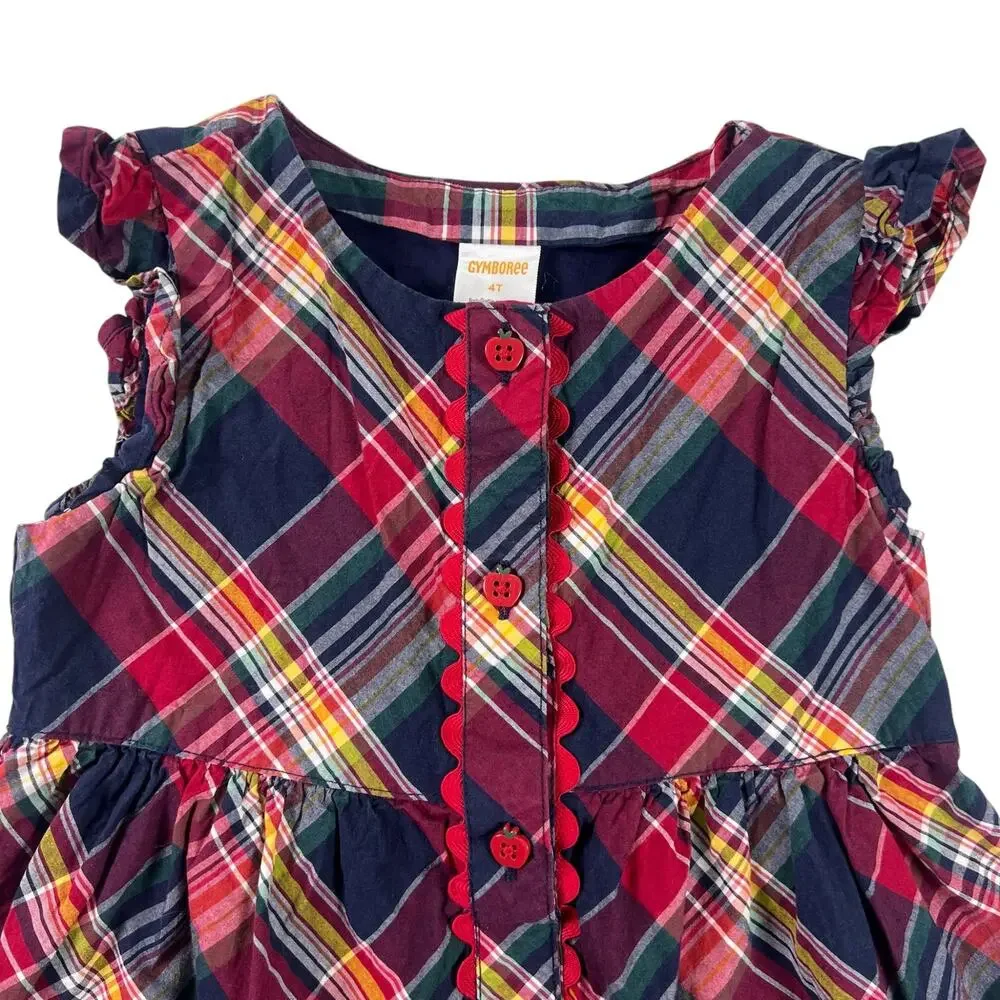 Gymboree Toddler Dress 4T Red Madras Plaid Apple Button Ruffle Cap Sleeve Cotton
